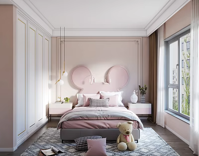 Soft Pink Kids Room Interior With Round Headboard Bed Stuffed Bear And Window Rug 3d model