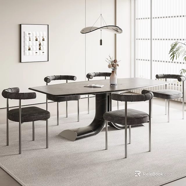 Modern Dining Table Set with Six Gray Chairs Metal Legs and Pendant Lighting 3d model 
