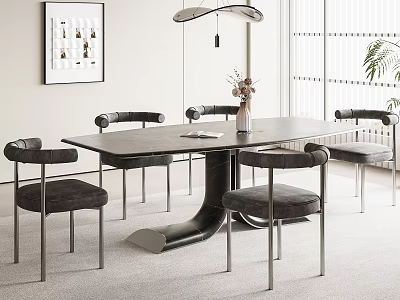 Modern Dining Table Set with Six Gray Chairs Metal Legs and Pendant Lighting 3d model
