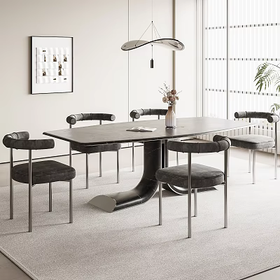 Modern Dining Table Set with Six Gray Chairs Metal Legs and Pendant Lighting 3d model