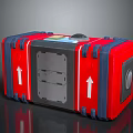 Red Equipment Case With Blue Accents Open Front Compartment And White Upward Arrows