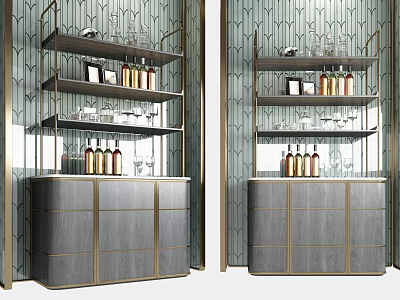 Modern Luxury Display Cabinet with Gray Body Gold Accents Multi-tiered Shelves Wine Bottles and Glassware 3d model