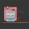 Colorful Food Truck Featuring Pink Blue Body Striped Awning Fresh Food Sign And Tables Chairs