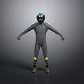 Game and Movie Character Wearing Black Bodysuit with Blue Yellow Helmet and Yellow Knee Pads