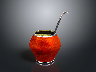 Traditional Mate Drink in Red Calabash with Green Liquid and Metal Straw 3d model
