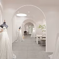 Bridal Shop Interior With White Wedding Dresses On Mannequins And Archways