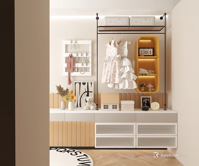 Practical Kids Room Storage Cabinet Shelf With Open Shelves Hanging Clothes And Decorative Items 3d model 