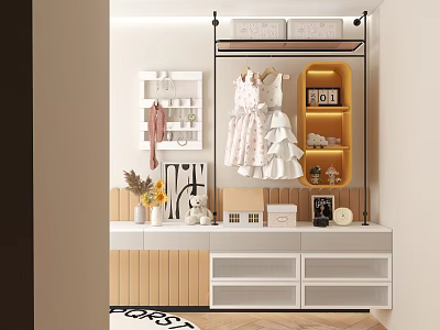 Practical Kids Room Storage Cabinet Shelf With Open Shelves Hanging Clothes And Decorative Items 3d model