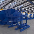 Industrial Equipment Production Line In Factory Interior With Blue And Yellow Machinery