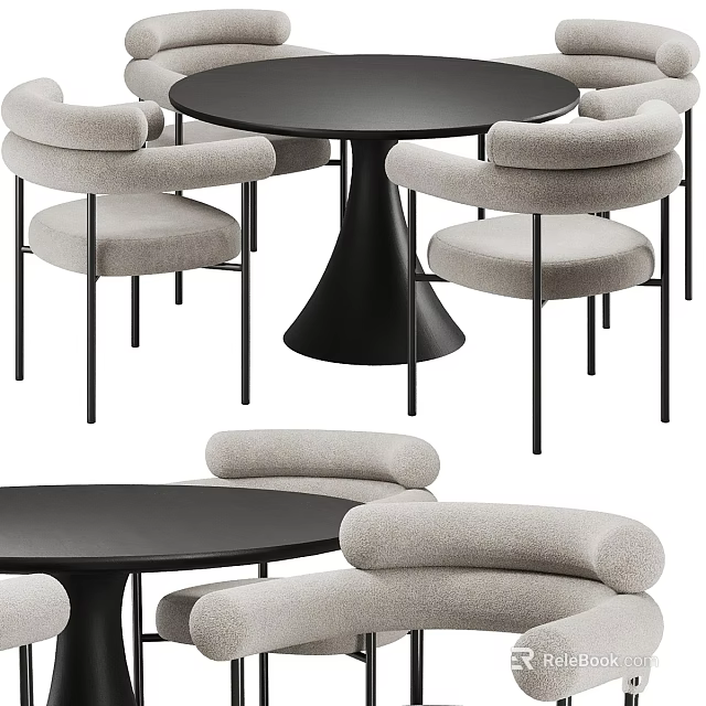Stylish Black Round Dining Table With Light Gray Upholstered Curved Armchairs And Black Metal Legs 3d model 