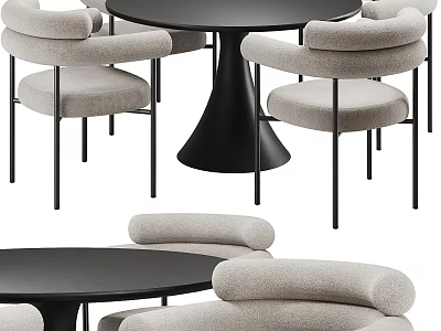 Stylish Black Round Dining Table With Light Gray Upholstered Curved Armchairs And Black Metal Legs 3d model