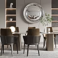 Modern Restaurant Interior Design With Dining Table Chairs Round Mirror And Shelves