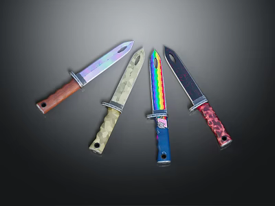 Four Assorted Tactical Knives Featuring Rainbow Blades And Diverse Handle Materials 3d model