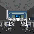 Modern Classroom Interior With White Tables Chairs Large Screen And Ceiling Light Design 3d model