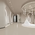 Elegant Bridal Shop Interior with Displayed Wedding Dresses Central Stand and Arched Designs