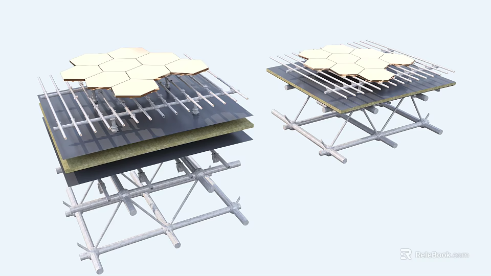 Metal Framed Building Components With Scaffolding Support Hexagonal Tiles And Slabs 3d model 