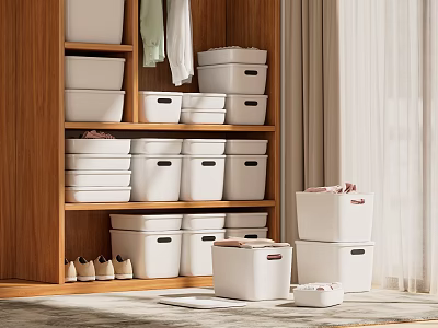 White Storage Bins On Wooden Shelf For Home Organization And Household Items 3d model