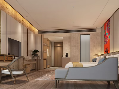 Modern Hotel Guest Room With King Bed TV Writing Desk And Decorative Painting 3d model