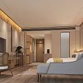 Modern Hotel Guest Room With King Bed TV Writing Desk And Decorative Painting