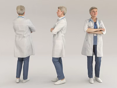 Woman Doctor Wearing White Coat Blue Pants With Stethoscope Standing In Three Angles 3d model