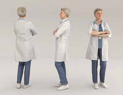 Woman Doctor Wearing White Coat Blue Pants With Stethoscope Standing In Three Angles 3d model