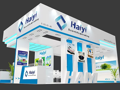 Hayi Exhibition Booth Featuring Modern Blue White Design Logo Display Panels And Product 3d model