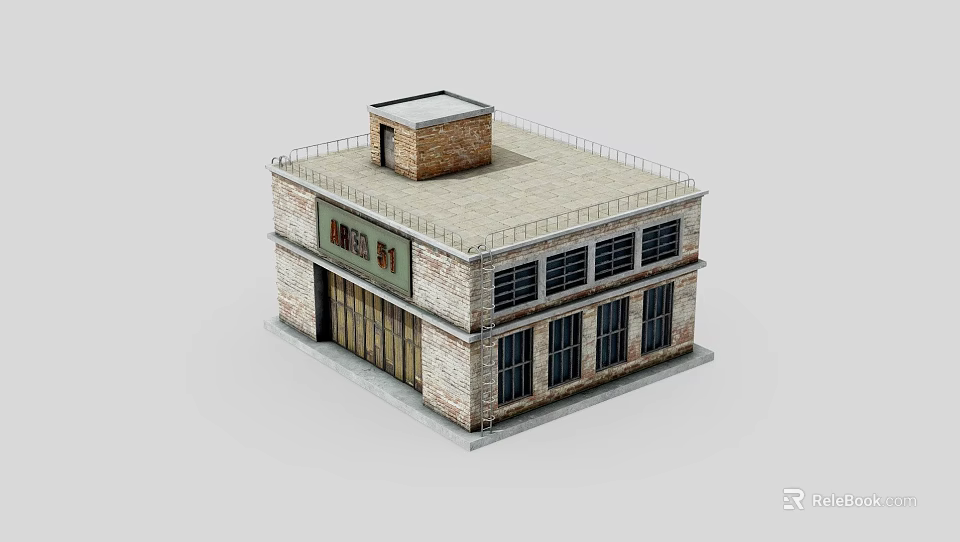 Two Story Brick Building Model With Windows Door And Roof Structure 3d model 
