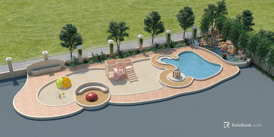 Kids Play Area Featuring Green Lawn Trees Slide Sandpit Red Ladybug Structure and Yellow Toys 3d model 
