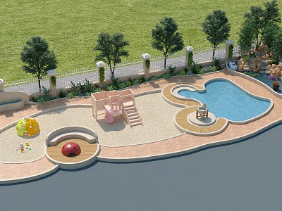 Kids Play Area Featuring Green Lawn Trees Slide Sandpit Red Ladybug Structure and Yellow Toys 3d model