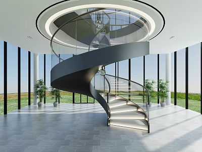 Modern Spiral Staircase With Glass Railings And Metal Structure In Bright Room With Large Windows 3d model