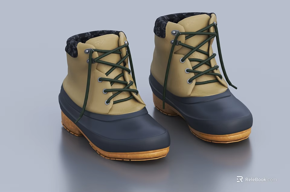 Stylish Beige And Navy Blue Short Boots With Brown Soles Green Laces And Fleece Lining 3d model 