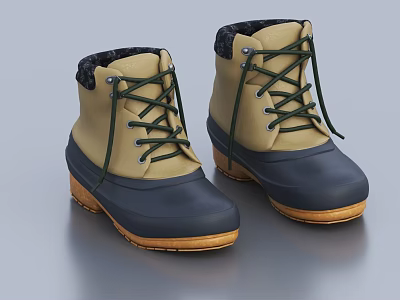 Stylish Beige And Navy Blue Short Boots With Brown Soles Green Laces And Fleece Lining 3d model