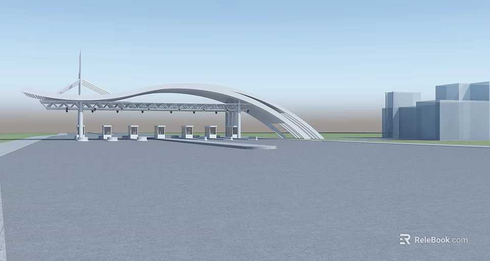 Modern Building Facade Featuring White Curved Arch Structure For Toll Gate Area Design 3d model