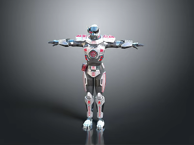 Futuristic Humanoid Robot In Mechanical Armor With Red White Details And Outstretched Arms 3d model