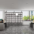 Modern Public Office Space With Glass Partitions Corridor Desks Bookshelves And Marble Flooring