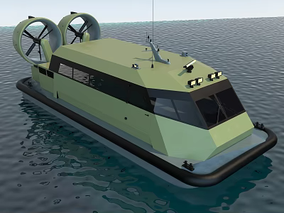 Modern Wooden Boat With Twin Fans Floating On Calm Water Surface 3d model