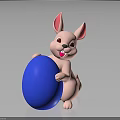 Cute Pink Rabbit Sitting And Holding Big Blue Egg On Gray Background