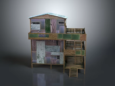 Multi Story Rustic House Model With Sloped Roof Wooden Structure Glass Panels Balconies And Staircase 3d model