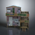 Multi Story Rustic House Model With Sloped Roof Wooden Structure Glass Panels Balconies And Staircase