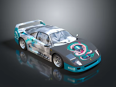 Ferrari Race Car With Silver Teal Body Custom Painted Vibrant Graphic And Stylish Rear Wing 3d model