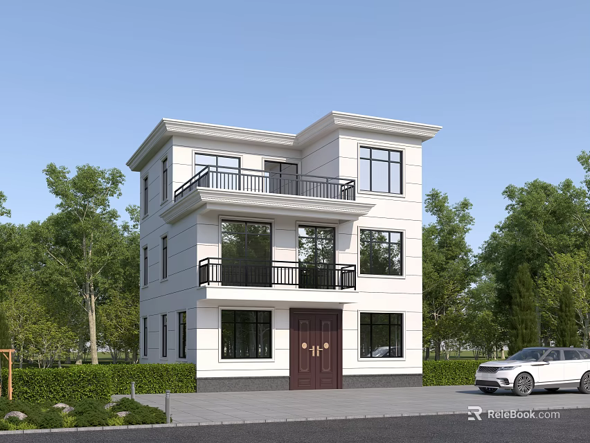 Two Story White Single Family House With Black Balcony Brown Door And Green Trees 3d model 