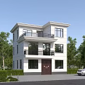Two Story White Single Family House With Black Balcony Brown Door And Green Trees