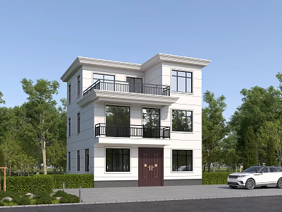 Two Story White Single Family House With Black Balcony Brown Door And Green Trees 3d model