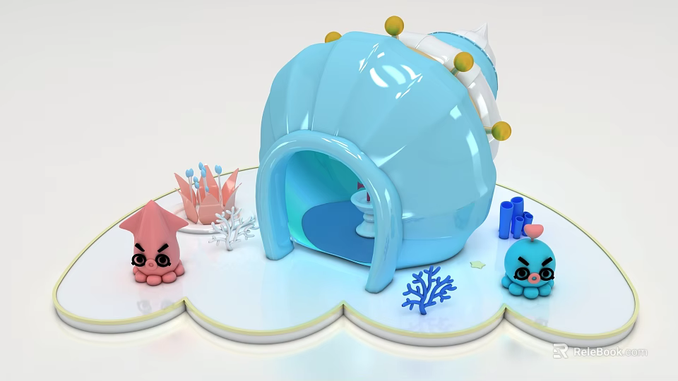 Cute Blue Shell House With Octopus Toy And Coral Ocean Kids Decor 3d model 