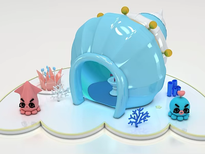 Cute Blue Shell House With Octopus Toy And Coral Ocean Kids Decor 3d model