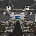 Modern Conference Room with Long Tables Chairs Large Screen Chandeliers and Plants