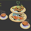 Delicious Assorted Desserts On Three Tiered Stand With Teacups Fresh Fruits And Sandwiches
