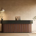 Modern Reception Desk With Wooden Slatted Design Dark Countertop Laptop Hanging Lamp And Green Plant