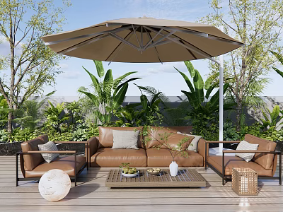Brown Leather Outdoor Sofa on Wooden Patio Deck with Umbrella Coffee Table and Green Plants 3d model