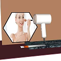 White Hair Dryer on Marble Countertop with Hexagonal Makeup Frame and Woman Applying Makeup
